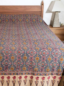 Floral Print on Blue Indian Bedspread 