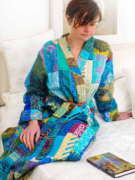 Turquoise Art Silk Patchwork Dressing Gown
