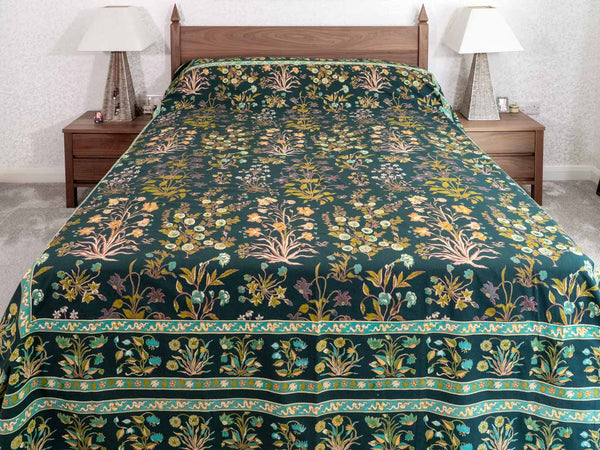 Dark Green Floral Indian Cotton Bedspread