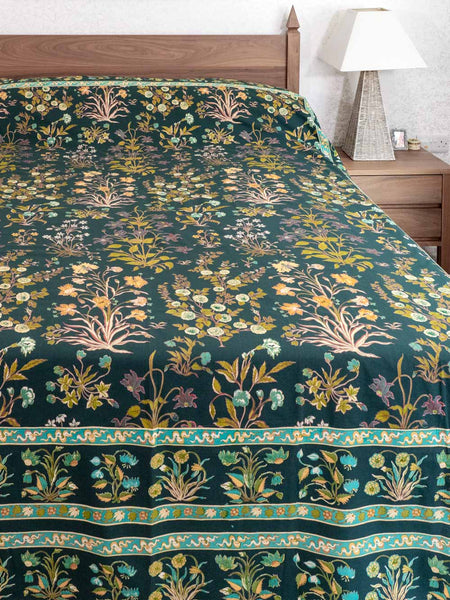 Dark Green Floral Indian Cotton Bedspread