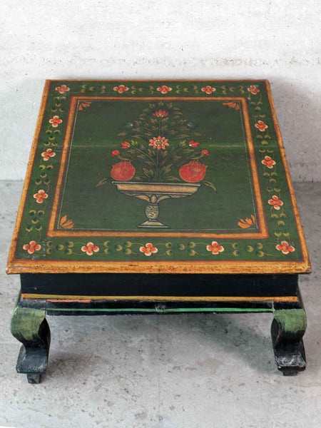 Dark Green Low Wooden Table with Flowers