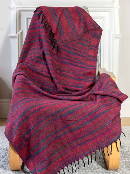 Dark Red & Blue Striped Tibetan Blanket