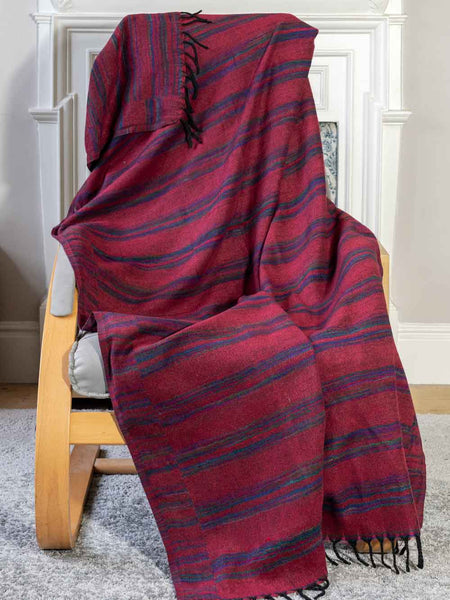 Dark Red & Blue Striped Tibetan Blanket