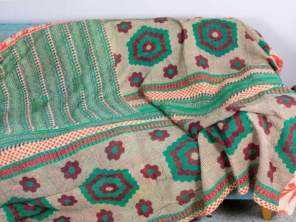 Dark Red & Green Patterned Kantha Throw