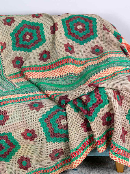 Dark Red & Green Patterned Kantha Throw