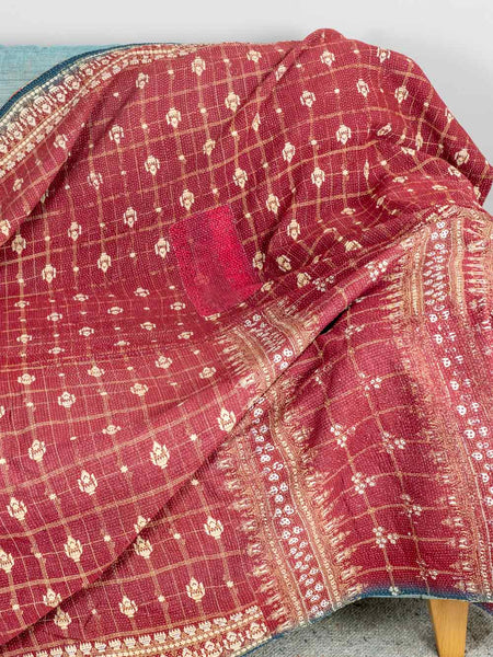 Dark Red & Green Patterned Kantha Throw