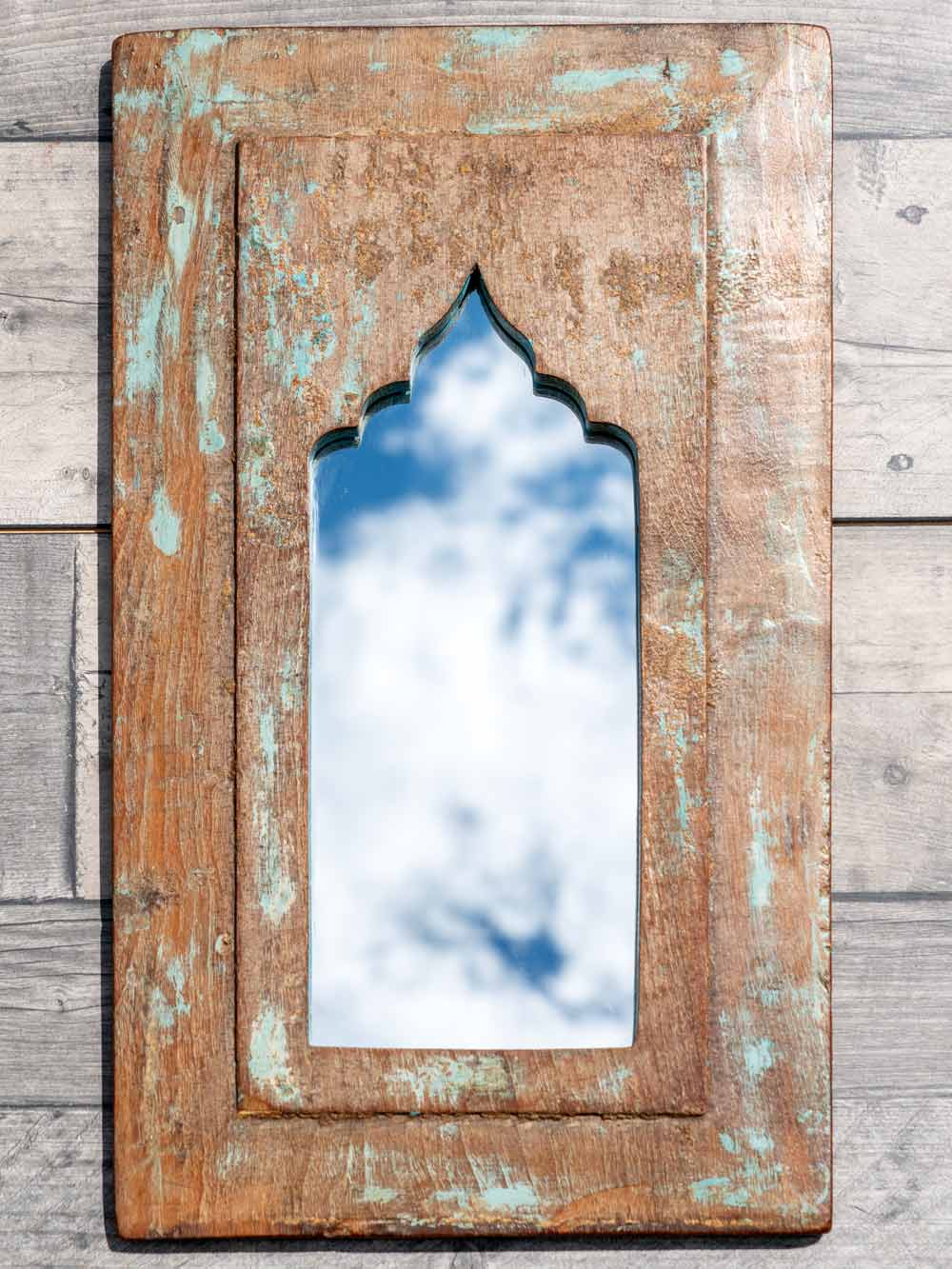 Distressed Aqua Painted Wooden Arched Mirror