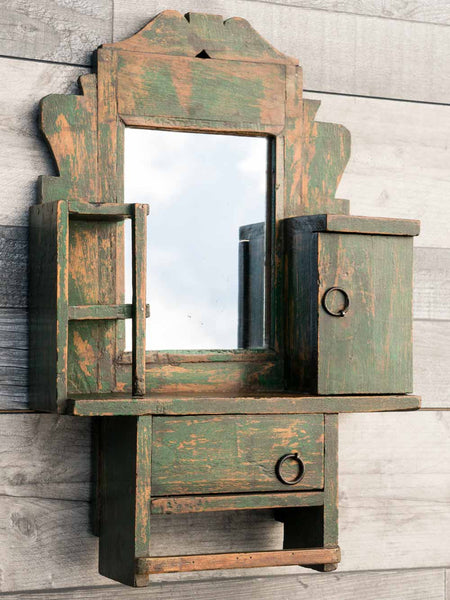 Distressed Green Painted Indian Barber's Mirror 