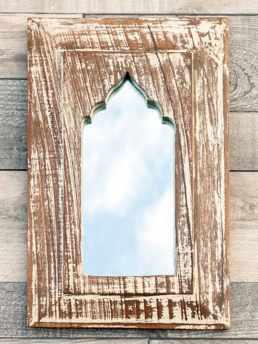 Distressed Teak Coloured Arched Mirror Silk Road Gallery