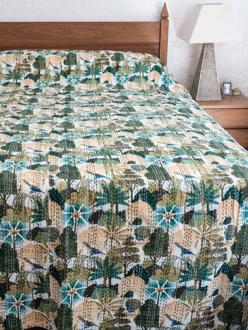 Green Forest Print Indian Cotton Bedspread