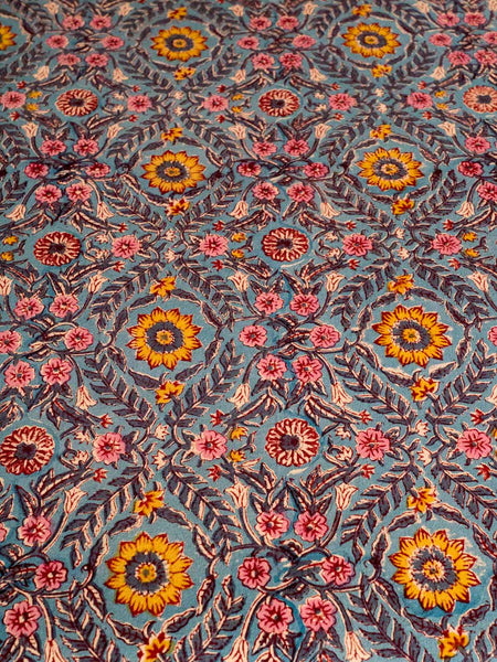 Floral Print on Blue Indian Bedspread 