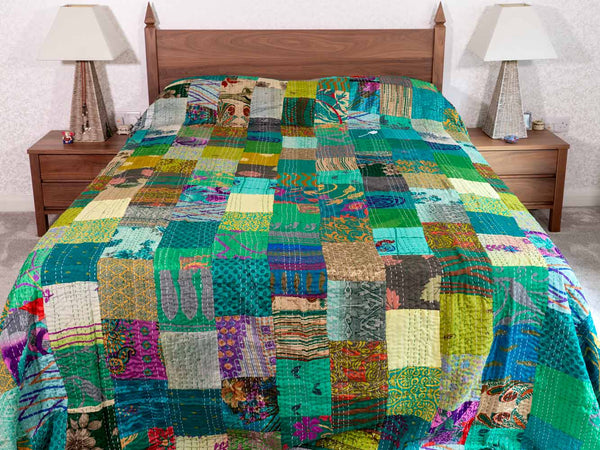 Forest Green Silk Patchwork Indian Bedspread