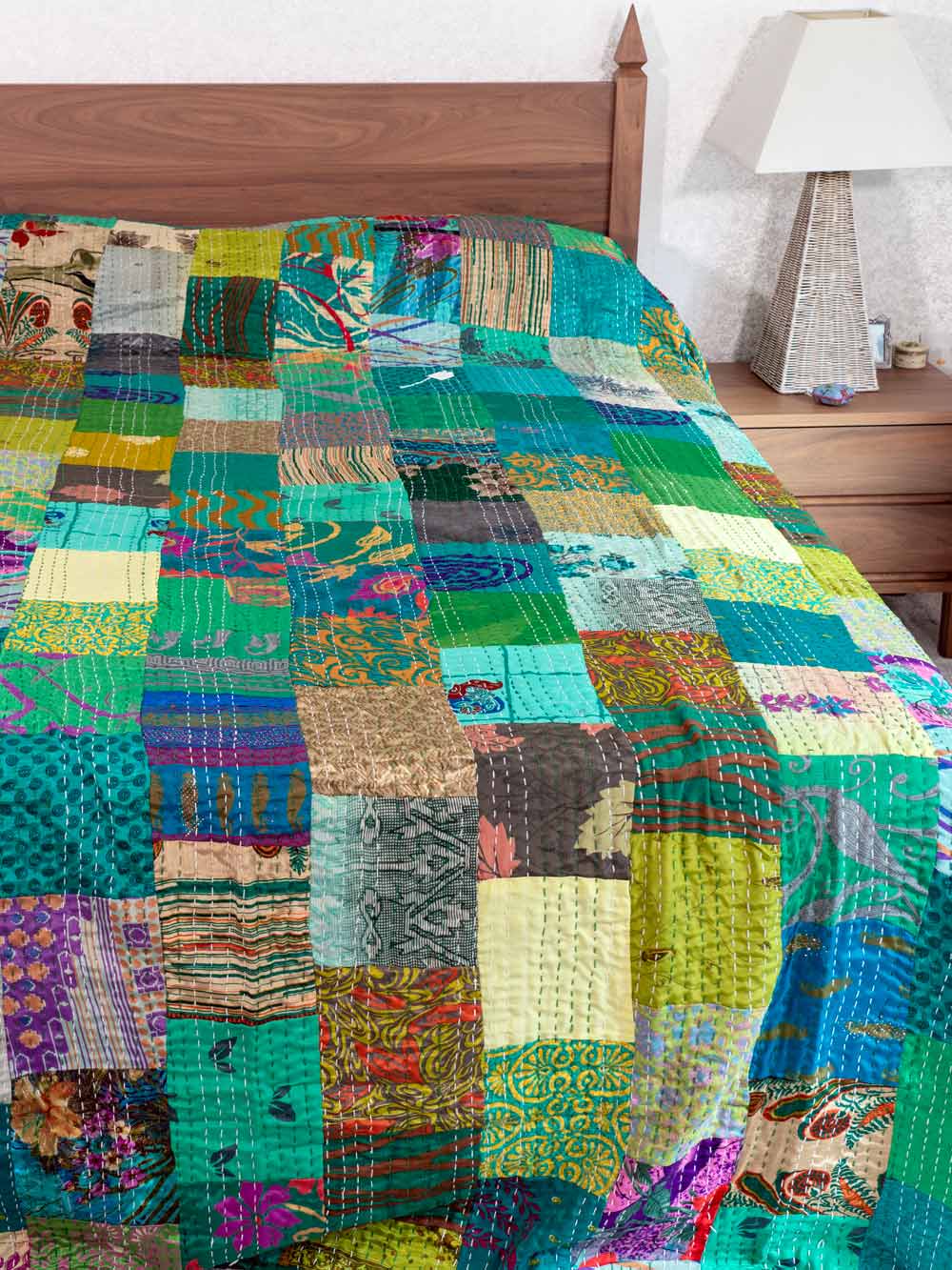 Forest Green Silk Patchwork Indian Bedspread