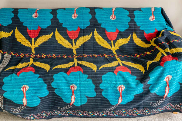 Giant Red, Blue & Yellow Flowers Kantha Throw 