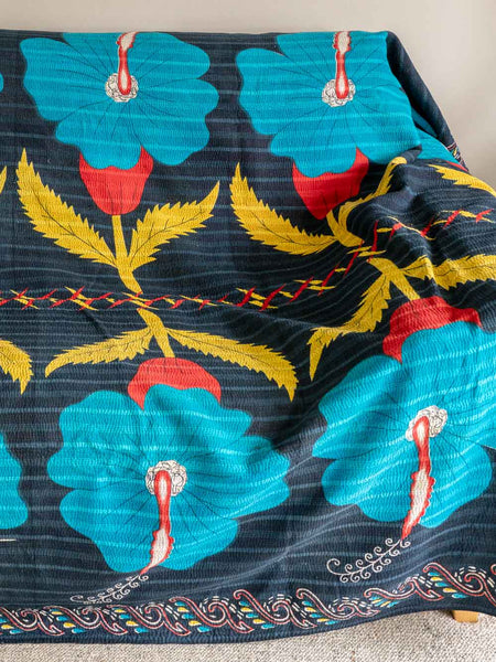 Giant Red, Blue & Yellow Flowers Kantha Throw 
