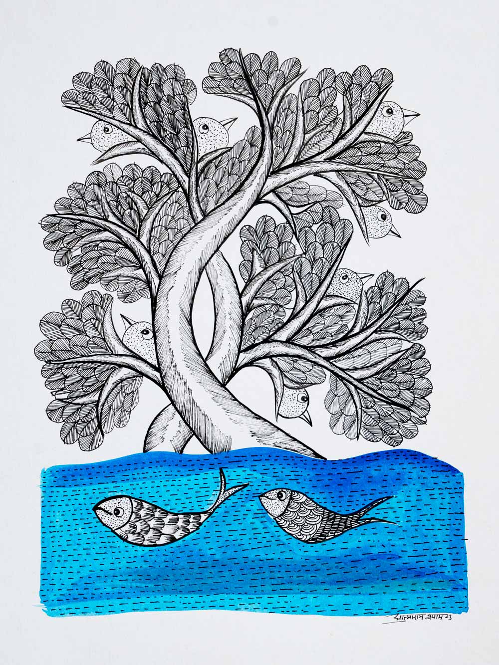 Gond Painting of Fish, a Tree & Birds