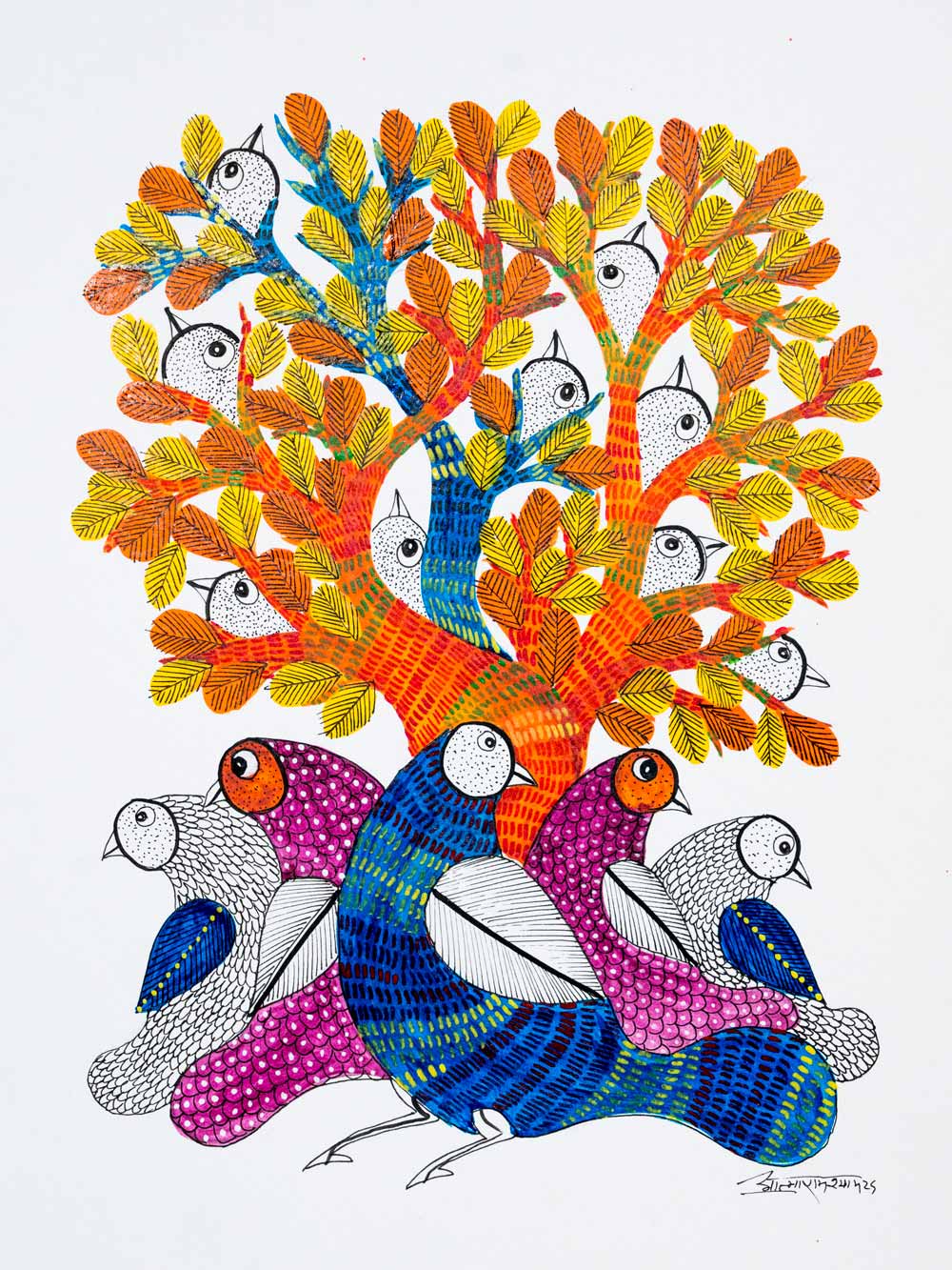 Gond Painting of Purple Birds & Yellow Tree