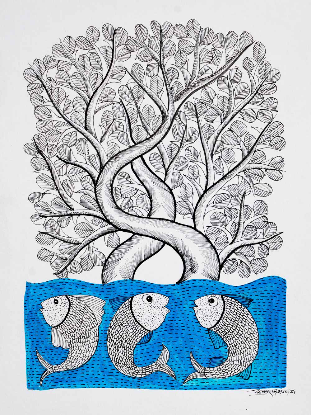 Gond Painting of Three Fish, Blue Water & a Tree