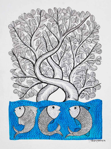 Gond Painting of Three Fish, Blue Water & a Tree