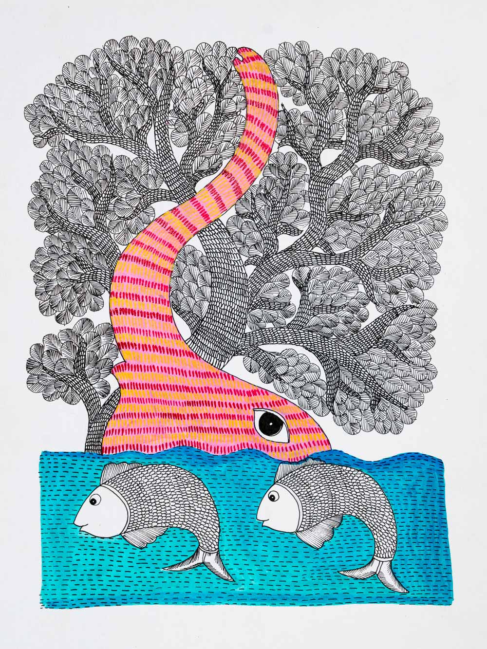 Gond Painting of Two Fish, a Pink Elephant & a Tree