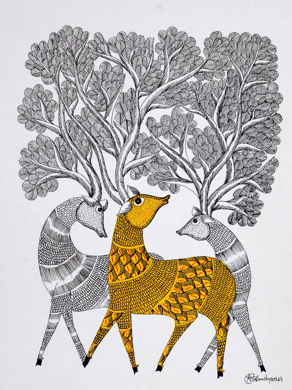 Gond Painting of Yellow Deer with Tree Antlers