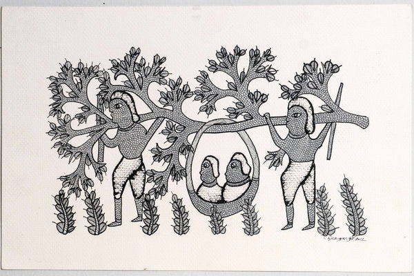 Gond Drawing of People Carried in a Palanquin