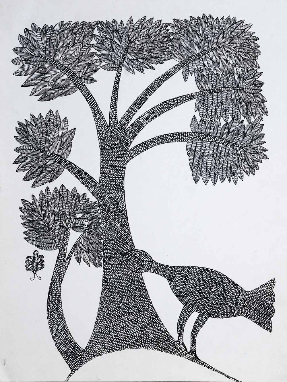 Gond Drawing of a Bird, Butterfly & Tree