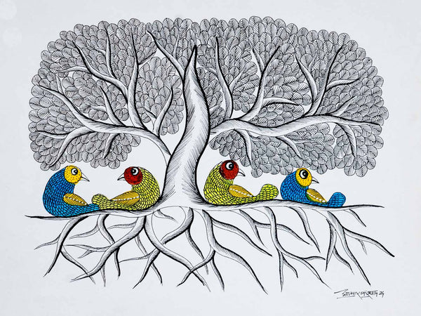 Gond Painting of Four Birds Sitting in a Tree