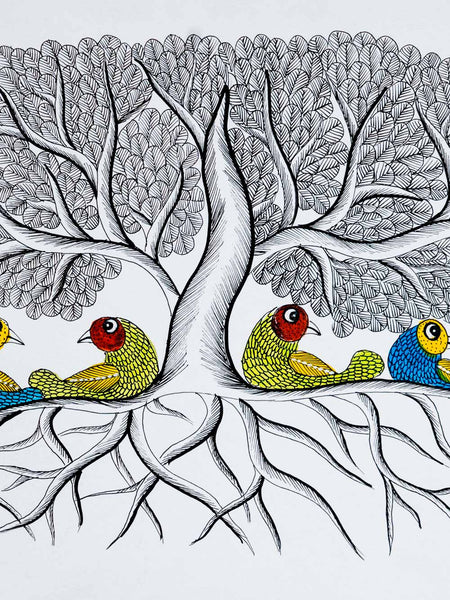 Gond Painting of Four Birds Sitting in a Tree