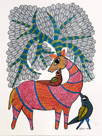 Gond Painting of Two Birds, a Deer & a Tree