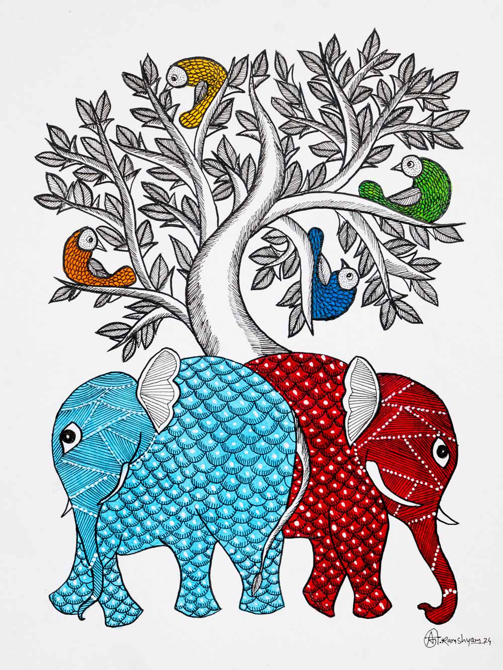 Gond Painting of Two Elephants, Birds & a Tree