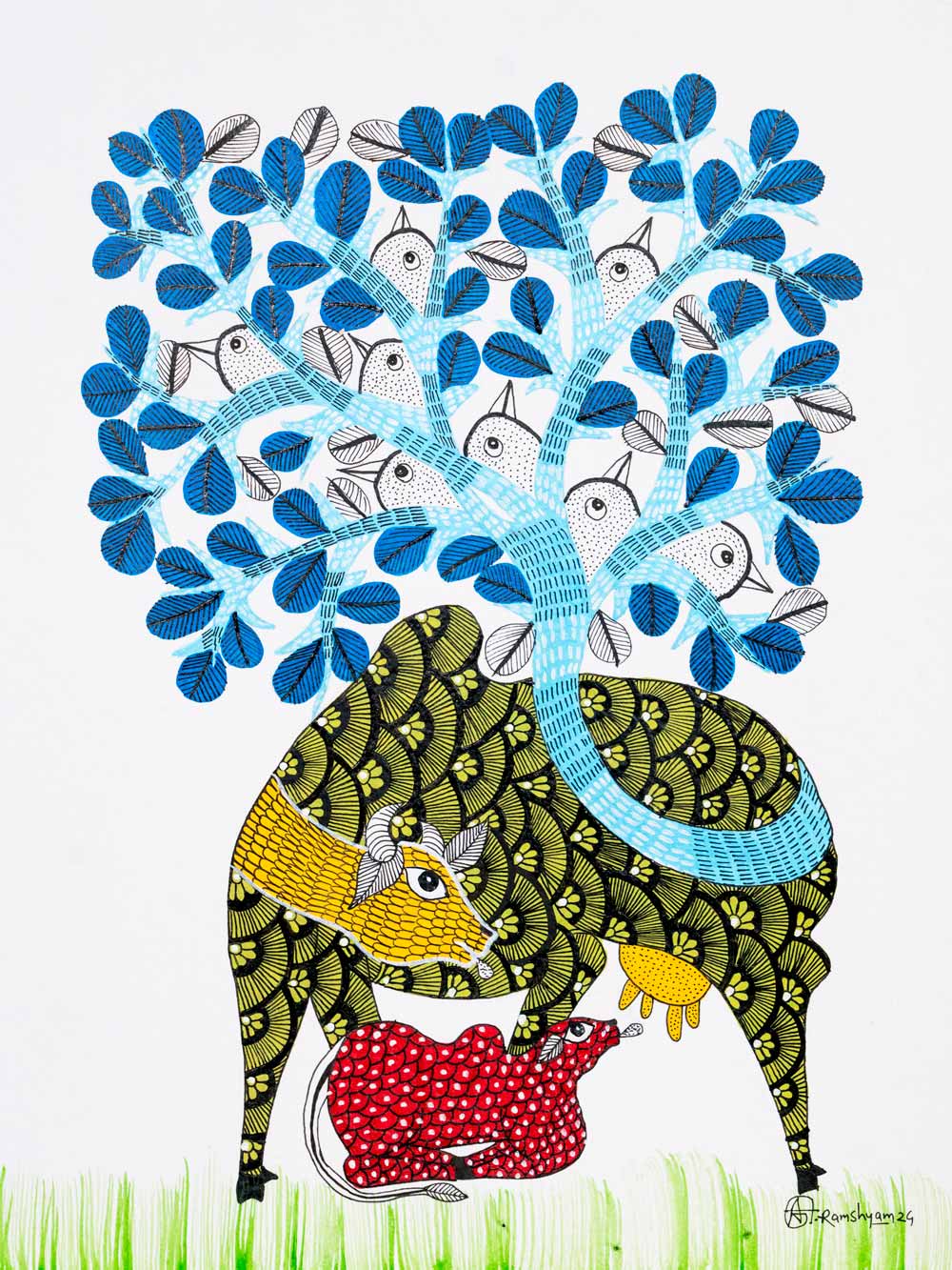 Gond Painting of a Cow & Calf Under a Blue Tree