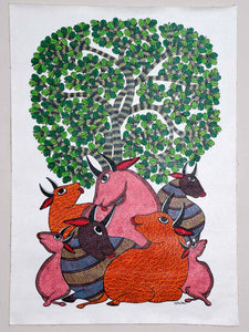 Gond Painting of a Leafy Tree & Cows