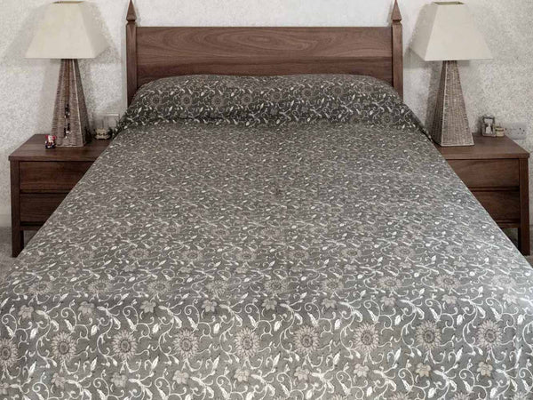 Gray Floral Pattern Printed Indian Bedspread