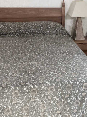 Gray Floral Pattern Printed Indian Bedspread