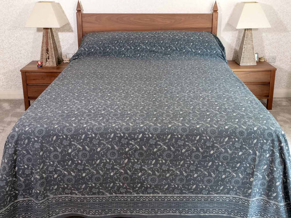 Slate Blue Floral Pattern Indian Bedspread