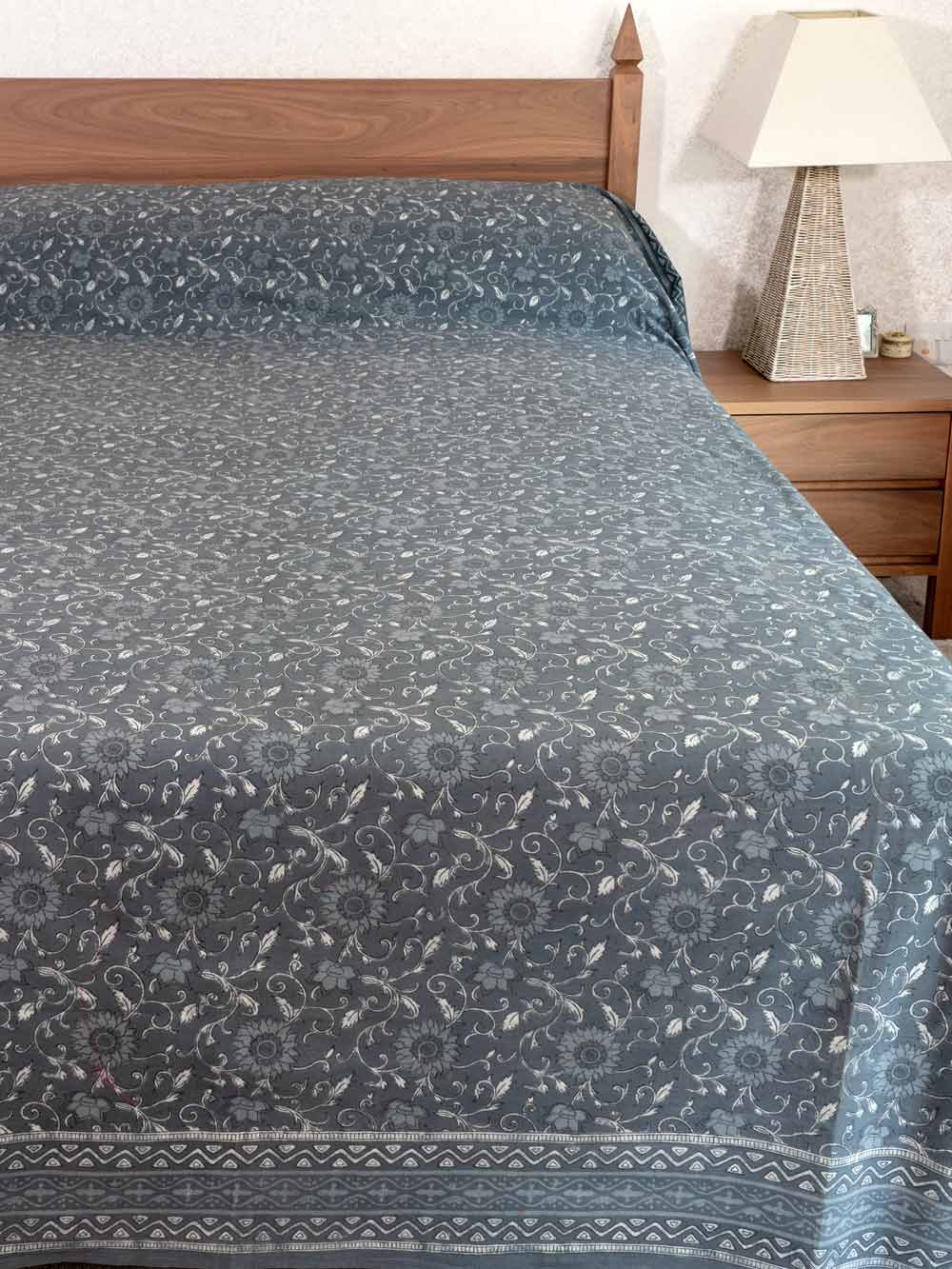 Slate Blue Floral Pattern Indian Bedspread