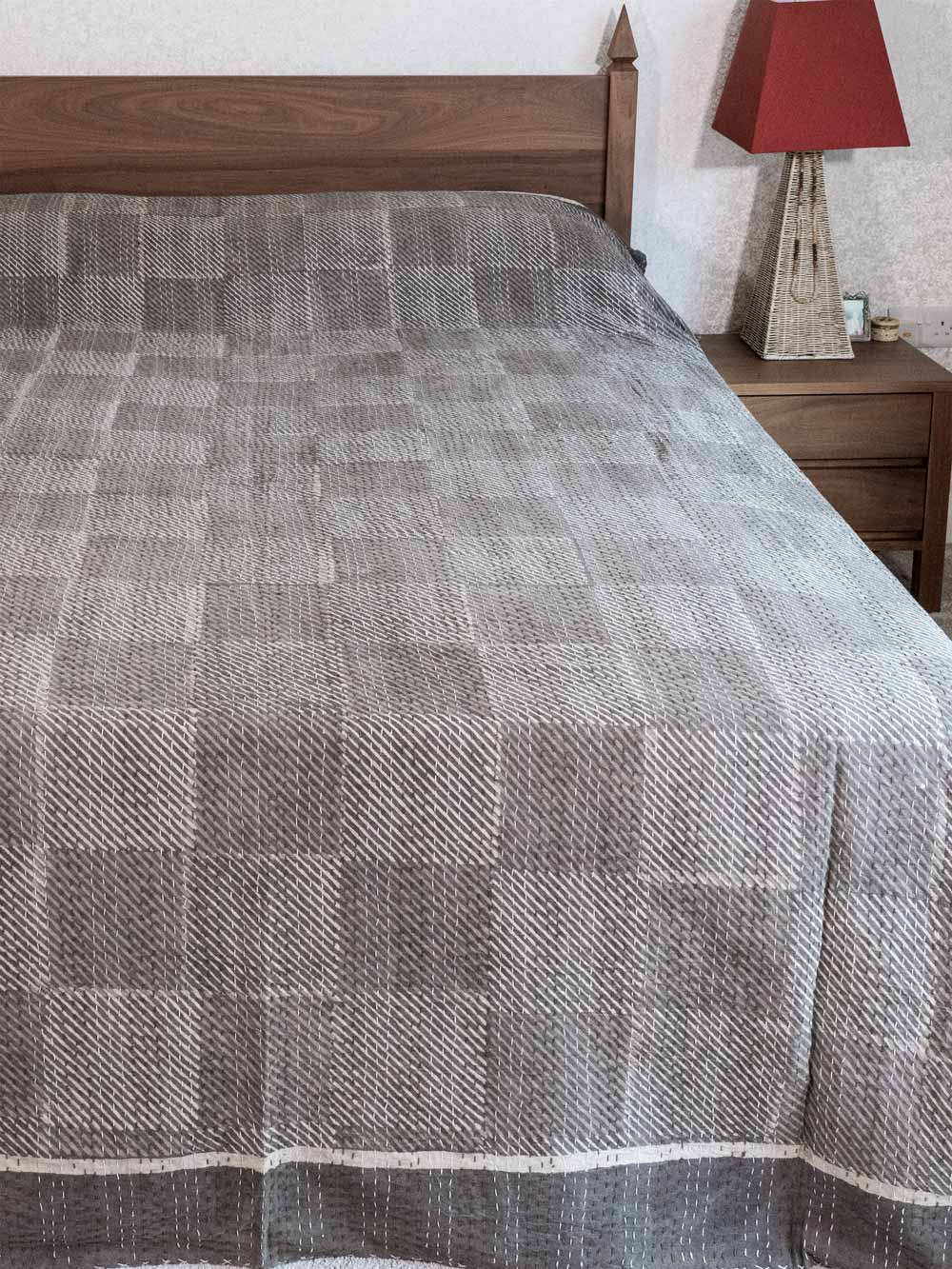 Gray Squares Printed Indian Bedspread