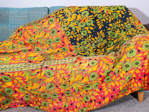 Green Flowers, Yellow Leaves Kantha Throw