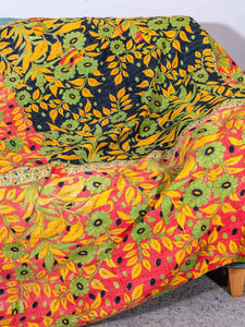 Green Flowers, Yellow Leaves Kantha Throw