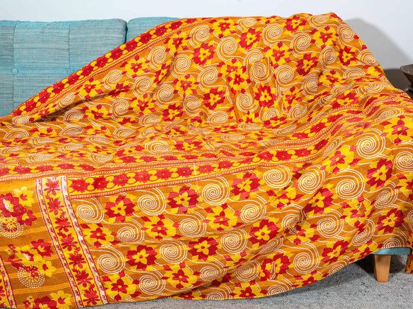 Green Flowers, Yellow Leaves Kantha Throw