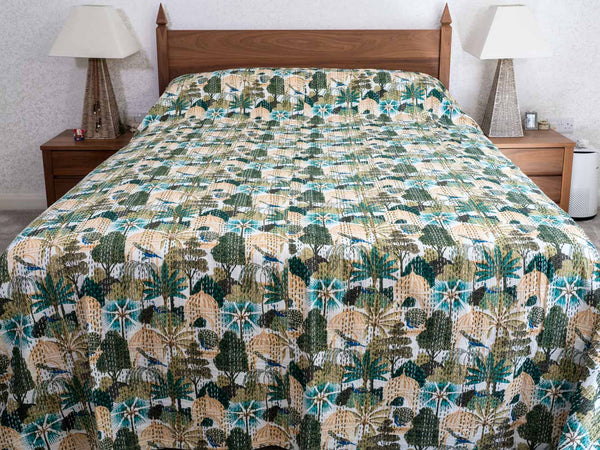 Green Forest Print Indian Cotton Bedspread