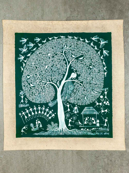 Green Warli Painting; Tree, Peacock & Villagers