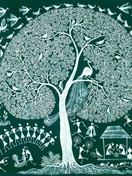 White tree with people and animals on a green background