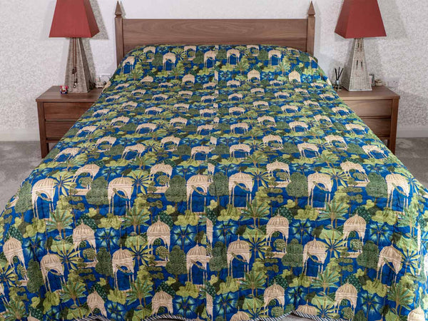 Blue & green forest print quilted bedspread