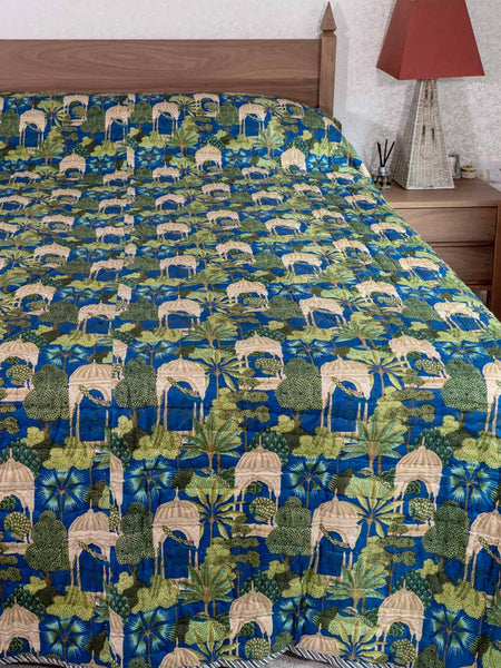 Blue & green forest print quilted bedspread