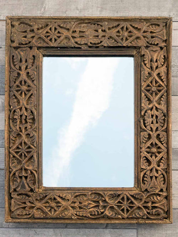 Heavily Carved Leaf Design Indian Wooden Mirror