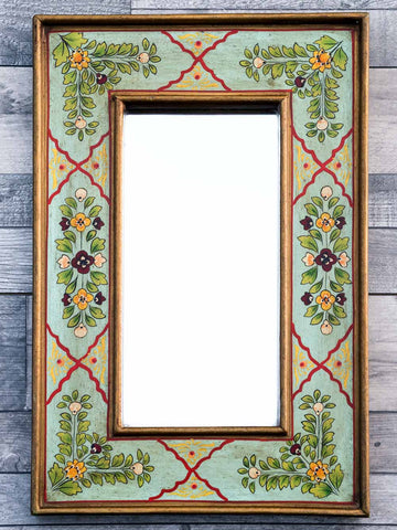 Indian Mirror with Floral Paintings on Cyan Frame