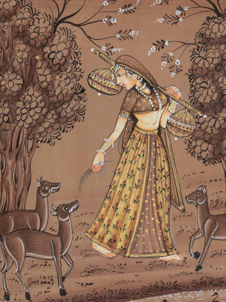 Indian Miniature Painting of a Lady & Deer