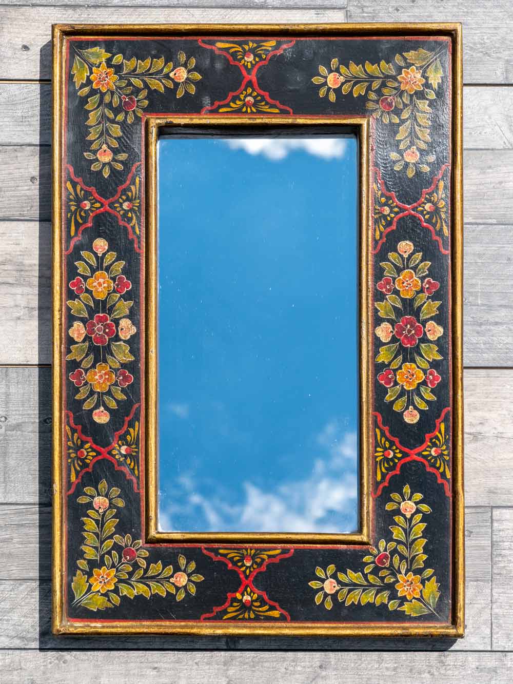 Indian Mirror with Floral Painting on Black Frame